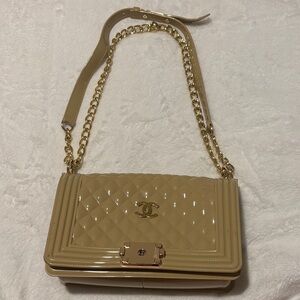 Beige Quilted Patent Leather Chain Shoulder Bag with Gold Hardware